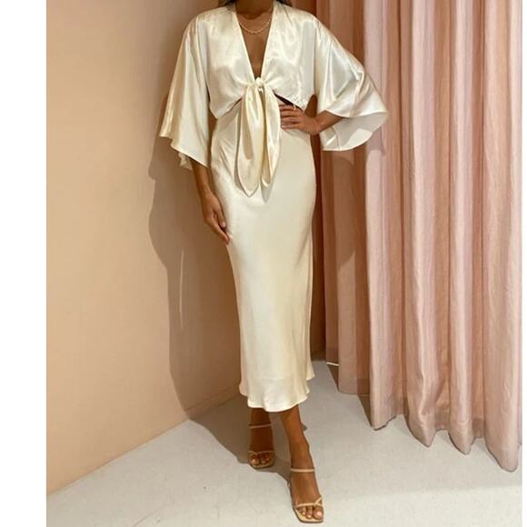 Shona Joy La Lune Tie Front Bias Midi Dress Cream - Picture 14 of 14